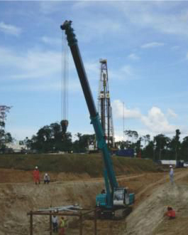 SWTC35 telescopic boom crawler crane worked in a narrow place of a construction site in Peru