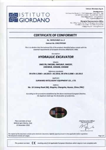 CE certificate of hydraulic excavator