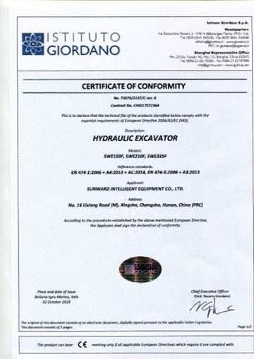 CE certificate of hydraulic excavator