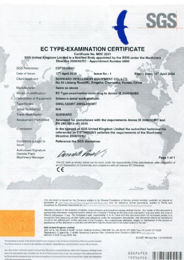CE certificate of scissor lift